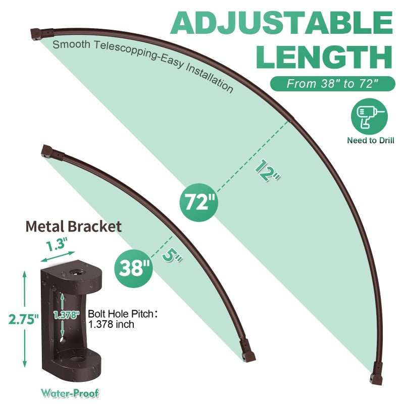 PrettyHome Curved Shower Curtain Rod For Bathroom 38-72 Inches, Adjustable Length, Curved Shower Rod, Metal Rods&Brackets, Round Shower Curtain Rods, Rotate Bracket For Large Shower Space, Need Drilling, Bronze - Image 3